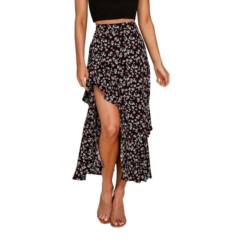 BTFBM Boho Long Floral Elastic Waist Split Ruffle Beach High/Low Skirt XL NWT